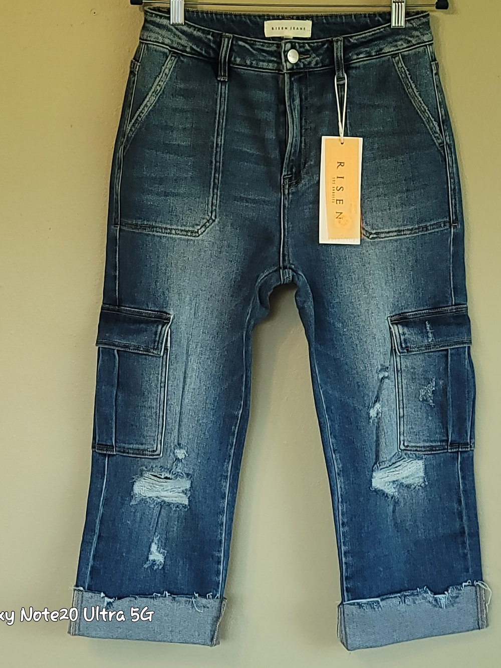 Risen Jeans Retro Cargo High Rise Distressed Rolled Ankle Crop Jeans NWT Sz 9/29